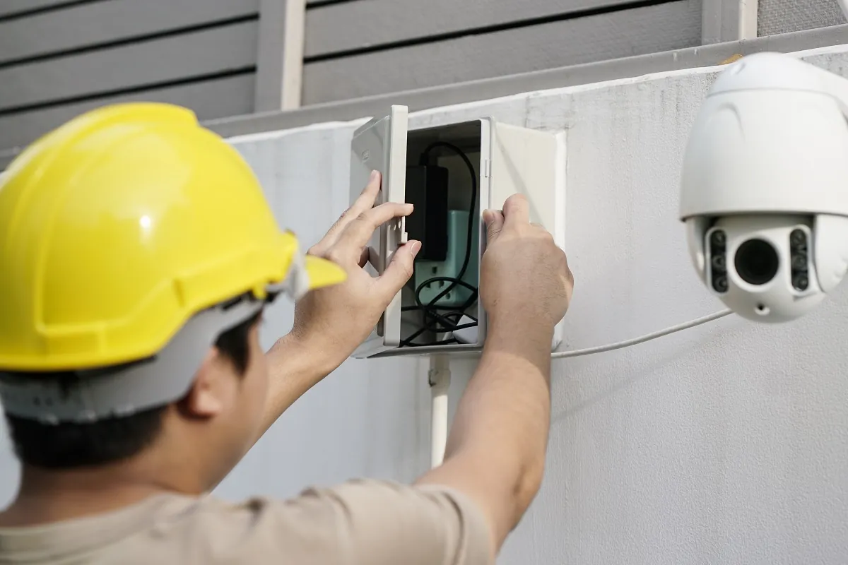 Technician installing a CCTV camera power supply on an exterior wall