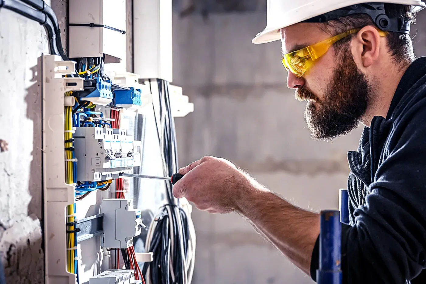 Electrician in hard hat and safety glasses working on a switchboard