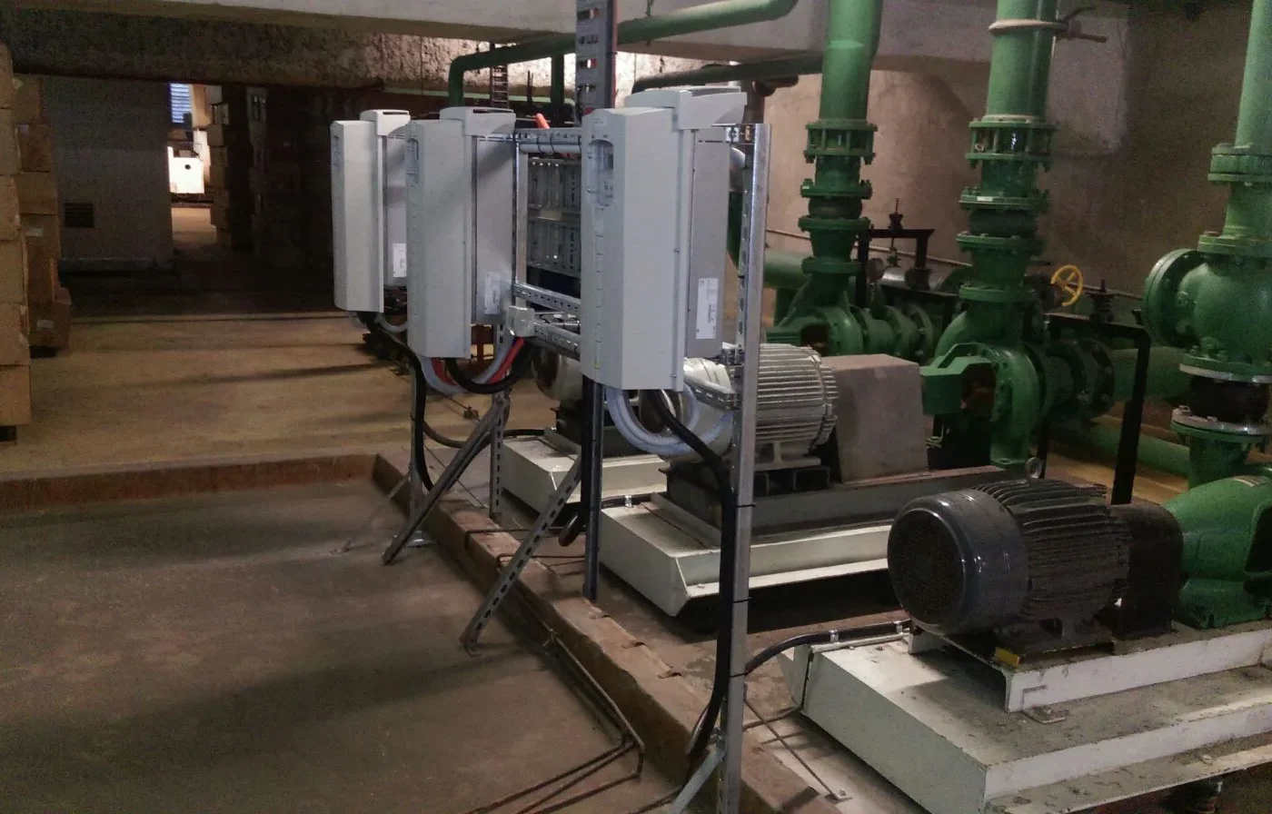 Plant room pumps with motor drive panels