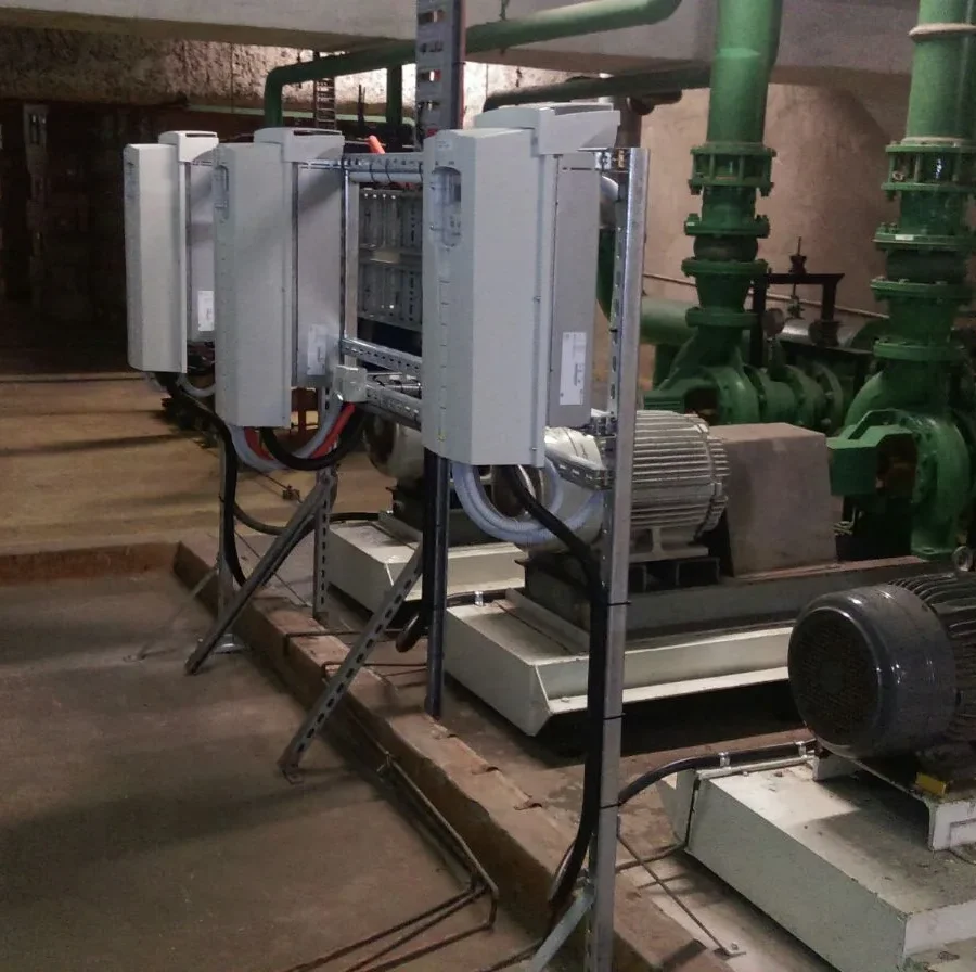 Plant room pumps with motor drive panels