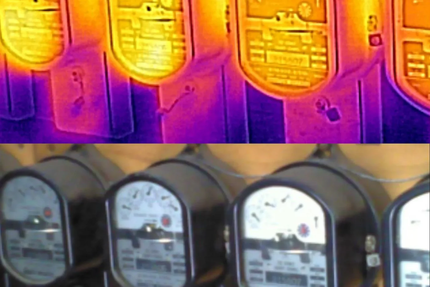 Thermal image of electricity meters compared with the normal photo