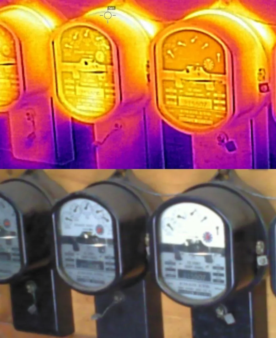 Thermal image of electricity meters compared with the normal photo