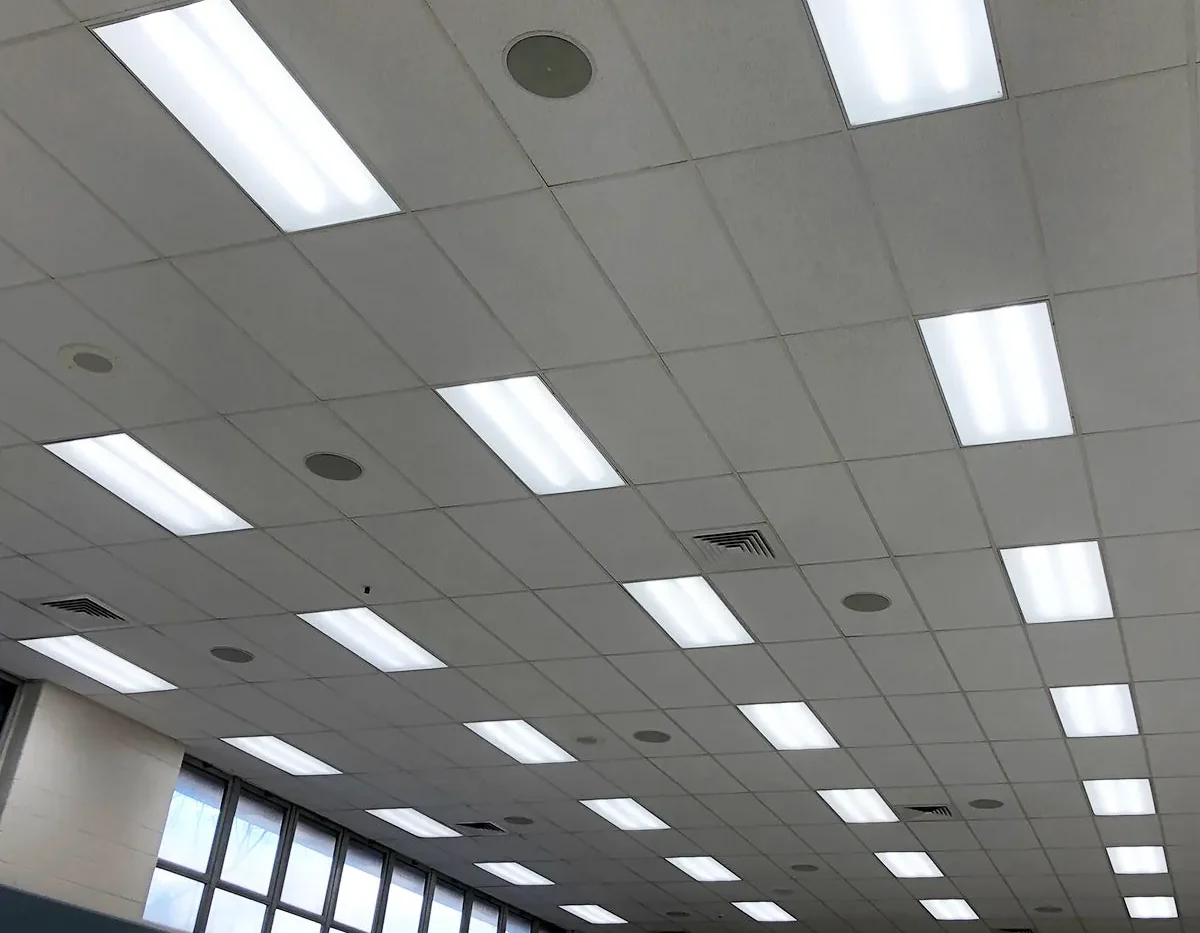 Office ceiling with recessed LED lighting panels