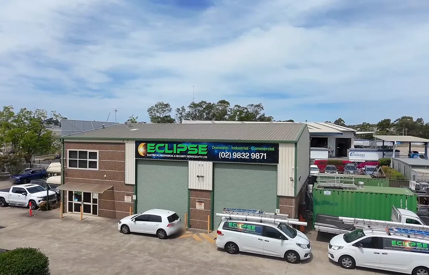 Aerial view of the Eclipse workshop and service vans in Minchinbury